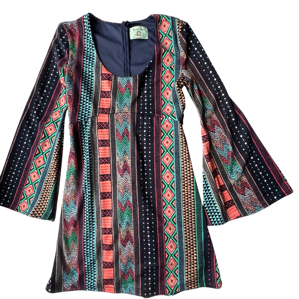 Judith March Bell Sleeve Mini Dress‎ Womens Medium Geometric Tribal Print Retro